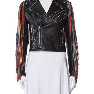 Studded Black Leather Jacket with Multicolor Fringe